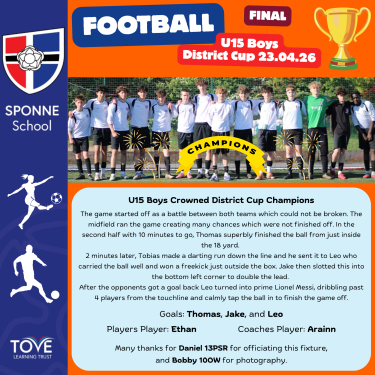 Well done U15 Boys - District Cup Football Champions